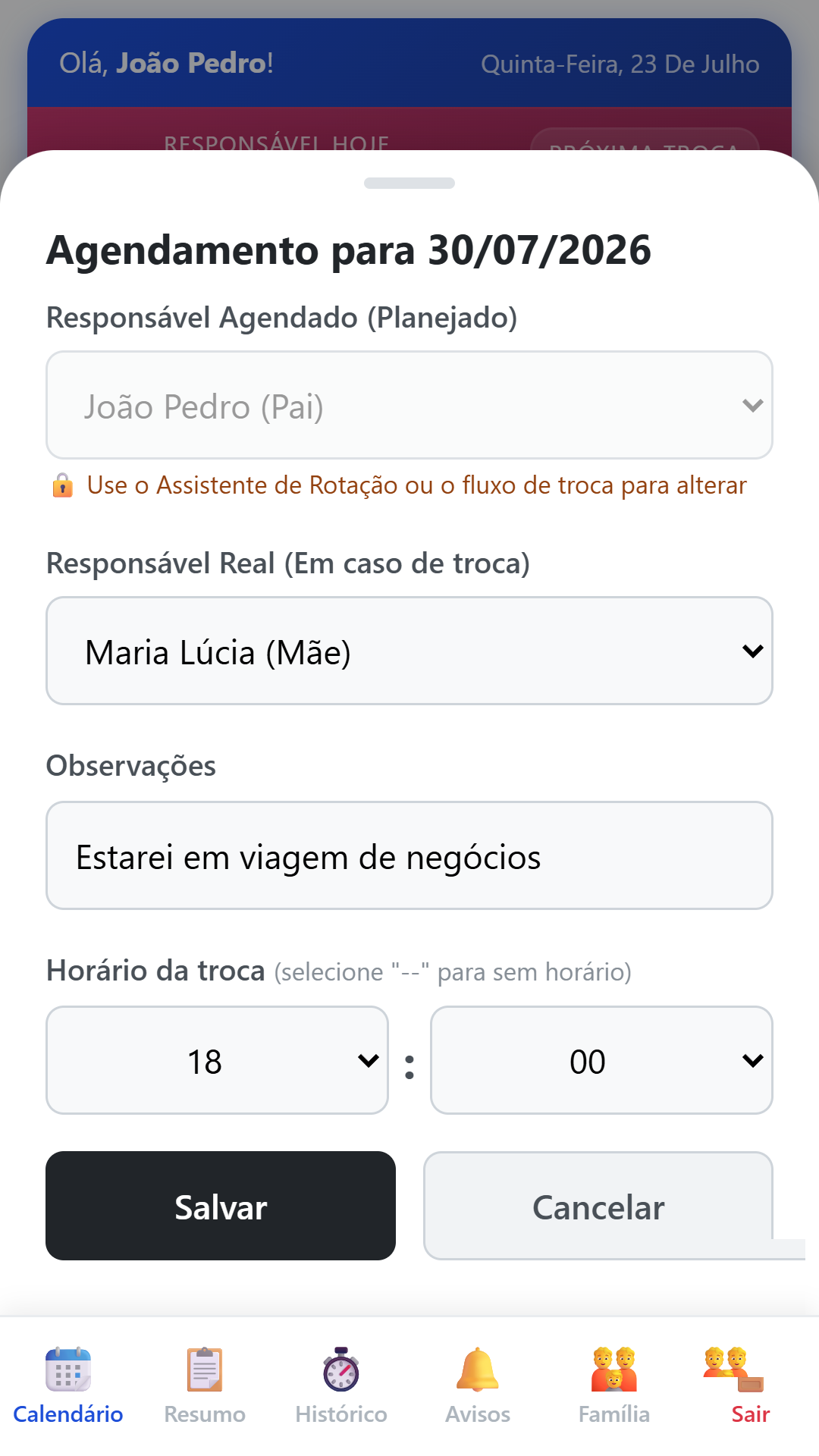 Editor de um dia do calendário: responsável, horário da troca e observações